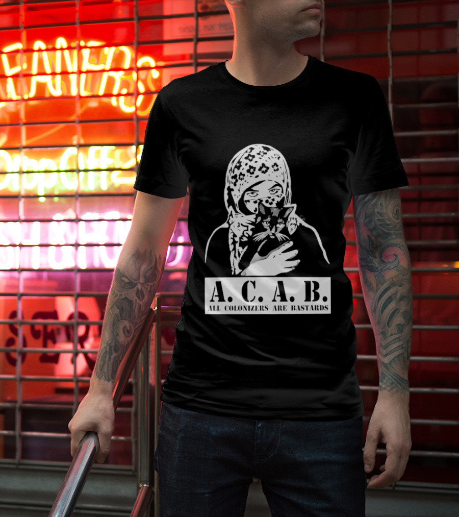 A.C.A.B. All Colonizers Are Bastards Protest Image With Floral Hijab Woman And Cat T-Shirt