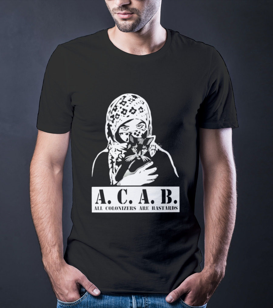 A.C.A.B. All Colonizers Are Bastards Protest Image With Floral Hijab Woman And Cat T-Shirt