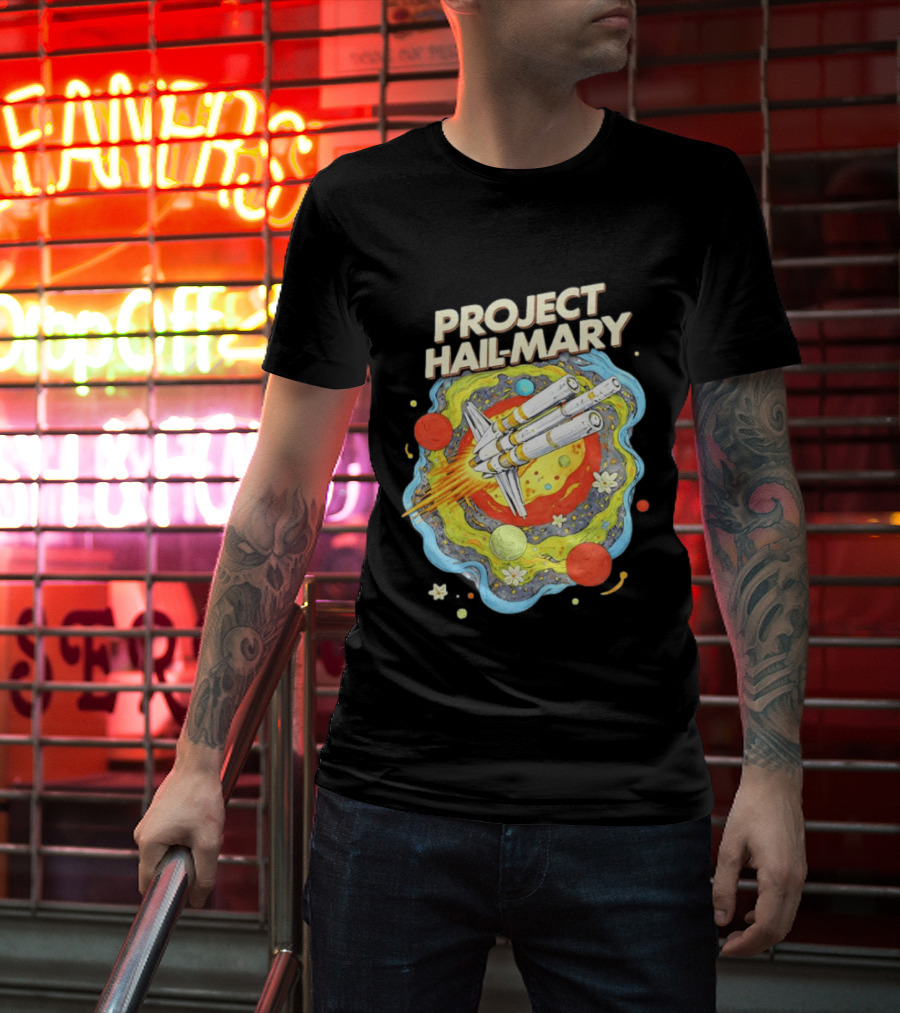 Project Hail Mary Rocket Launching Through Colorful Space Planets T-Shirt