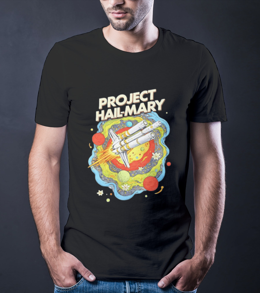 Project Hail Mary Rocket Launching Through Colorful Space Planets T-Shirt
