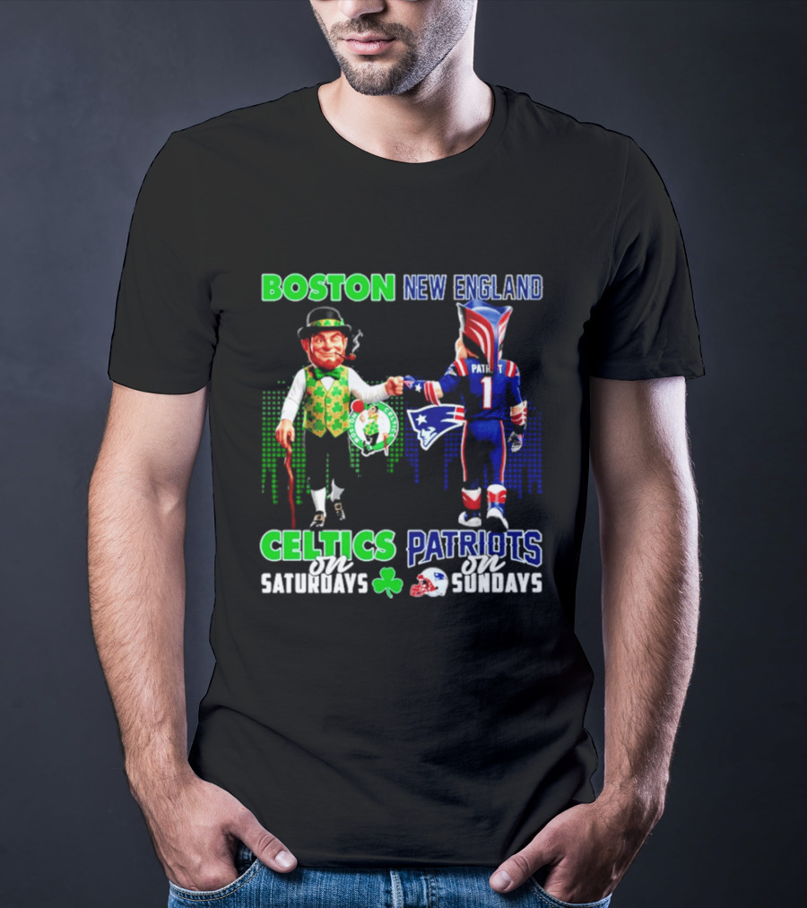 Boston Celtics Saturdays And New England Patriots Sundays Skyline T-Shirt
