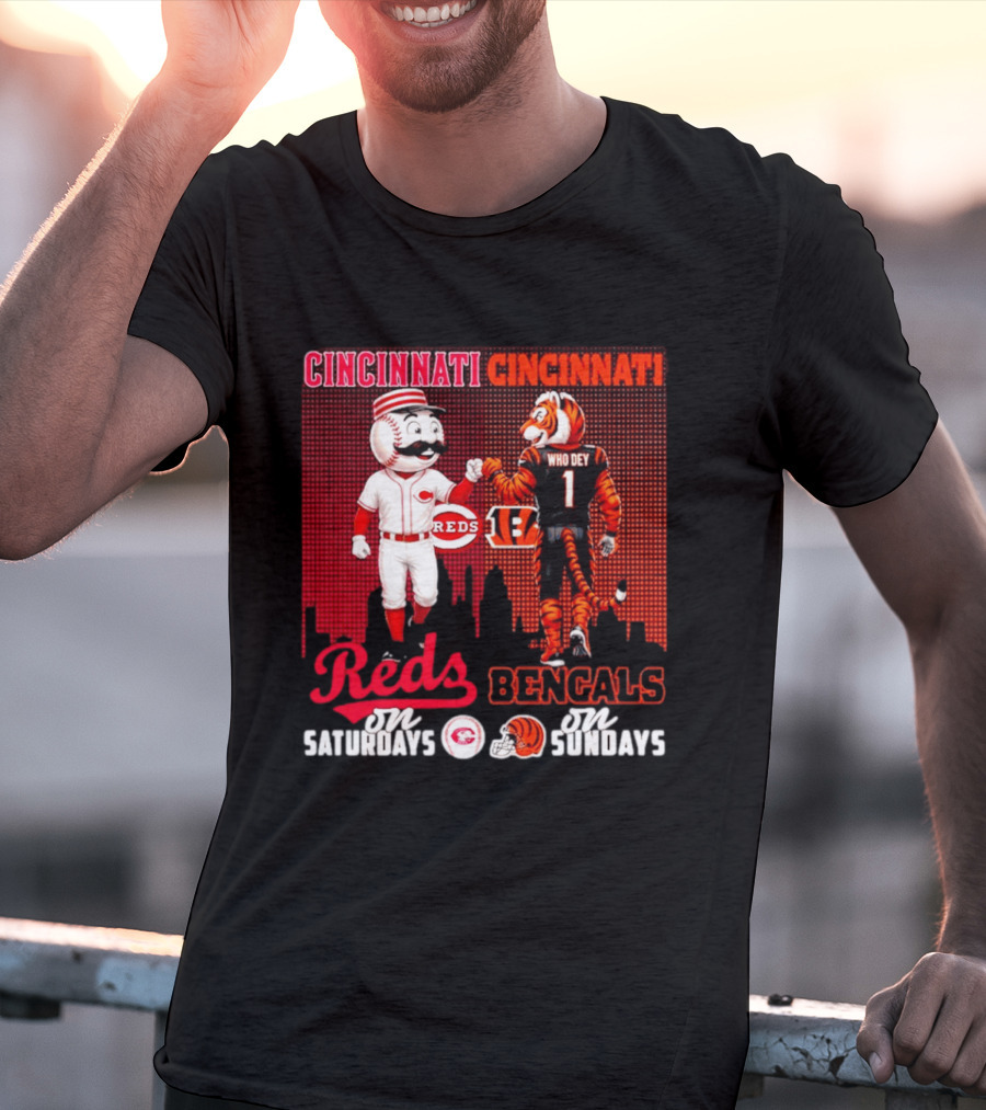 Cincinnati Reds Saturdays Vs Bengals Sundays City Mascots Skyline T-Shirt