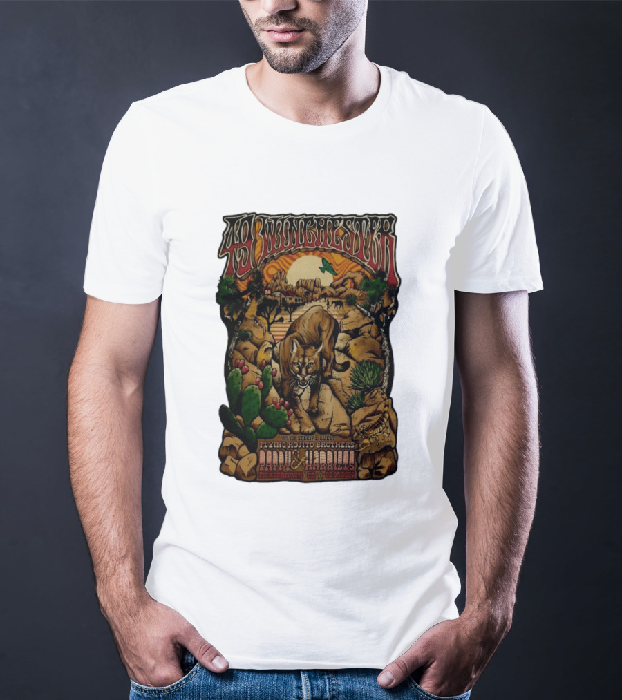 49 Winchester Pioneertown May 9 2026 Flying Mojito Brothers Pap Yu Harlins Cat Desert Scene T-Shirt