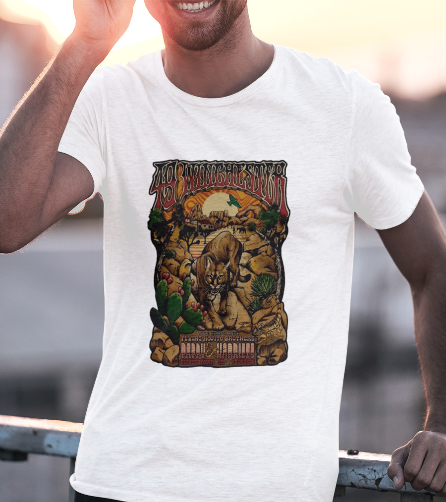 49 Winchester Pioneertown May 9 2026 Flying Mojito Brothers Pap Yu Harlins Cat Desert Scene T-Shirt