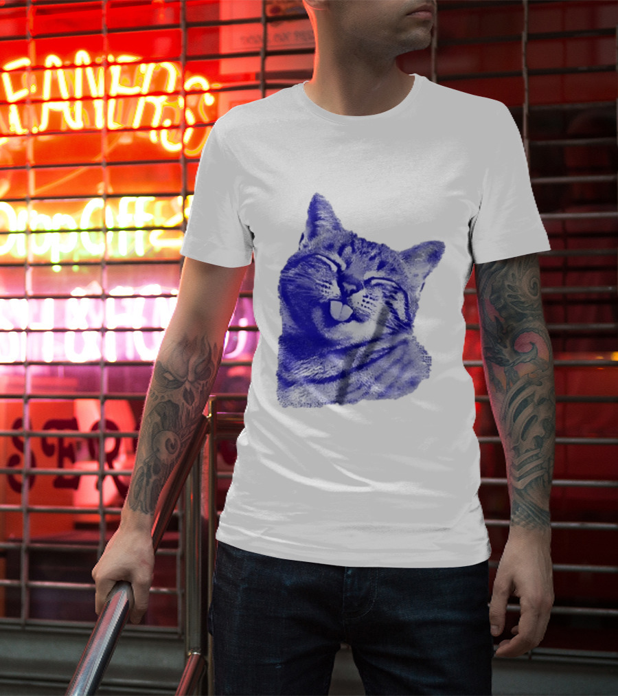 Playful Cat Sticking Out Tongue In Blue Tint T-Shirt
