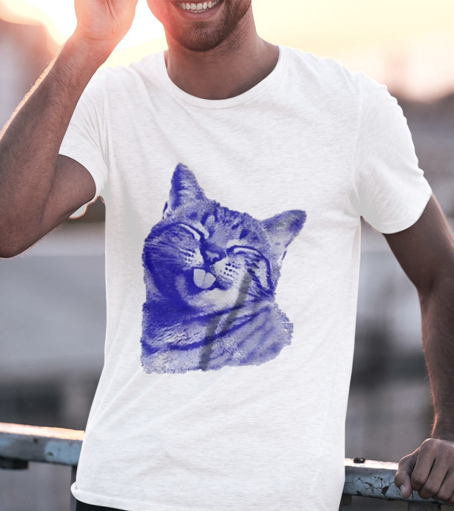 Playful Cat Sticking Out Tongue In Blue Tint T-Shirt