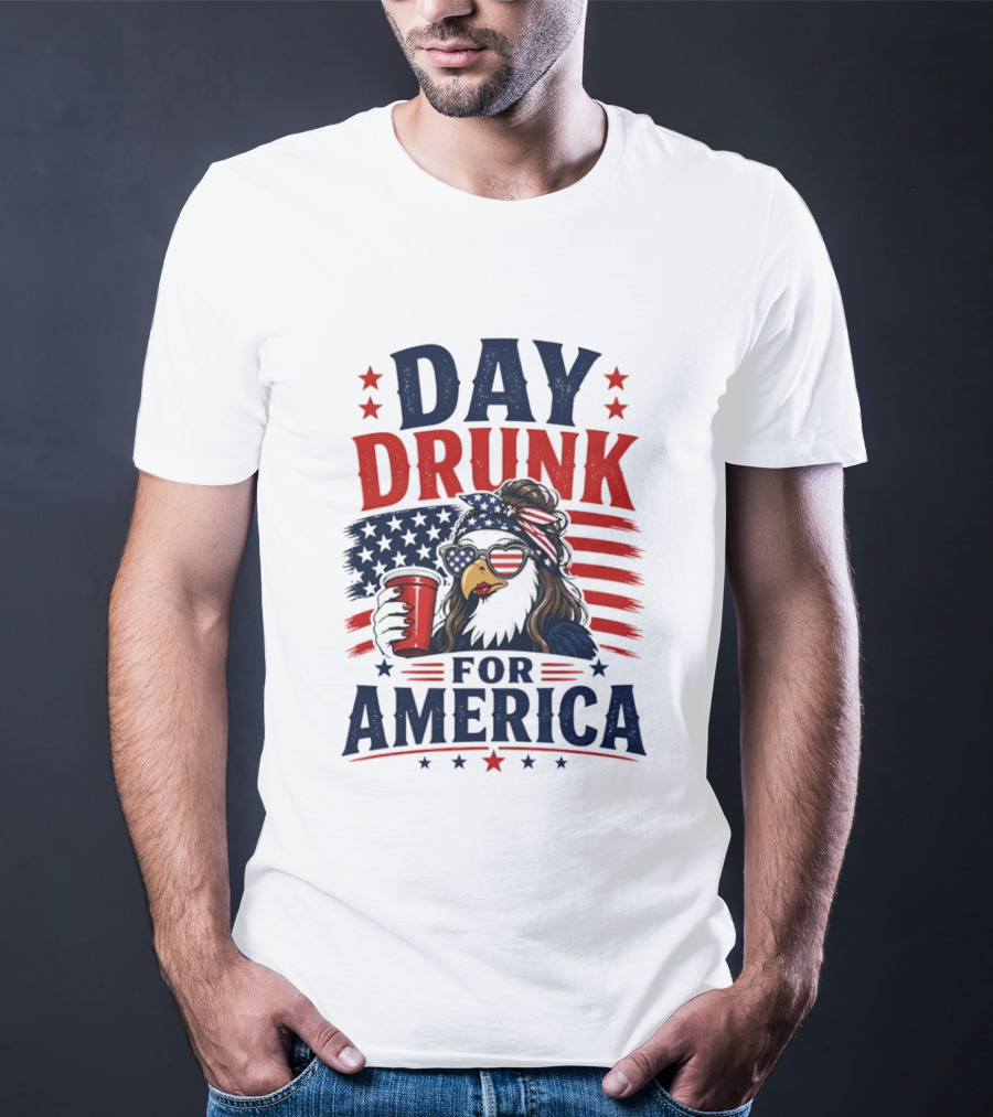 Day Drunk For America Patriotic Eagle With Flag And Red Cup T-Shirt