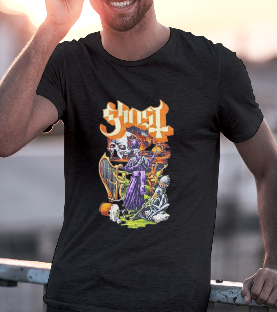 Ghost Band Gothic Horror Pope With Ghouls And Harp T-Shirt
