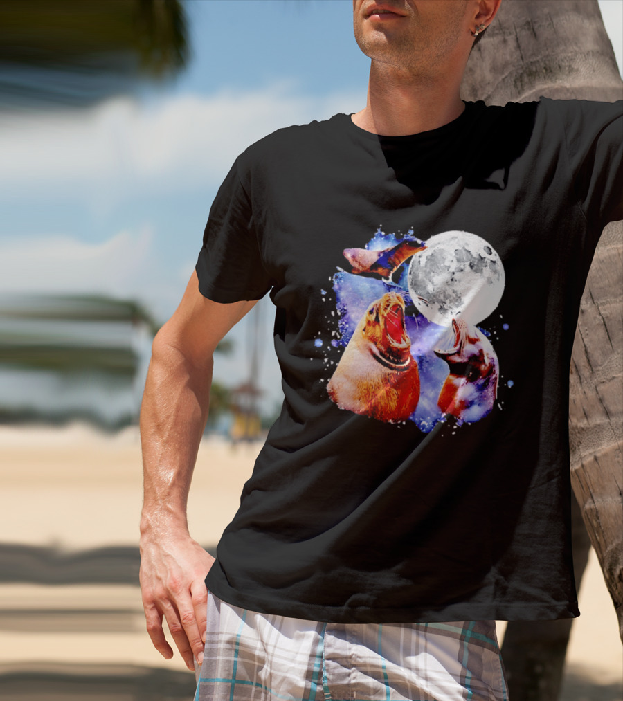 Sea Lion Trio Howling At The Moon In Outer Space Scene T-Shirt