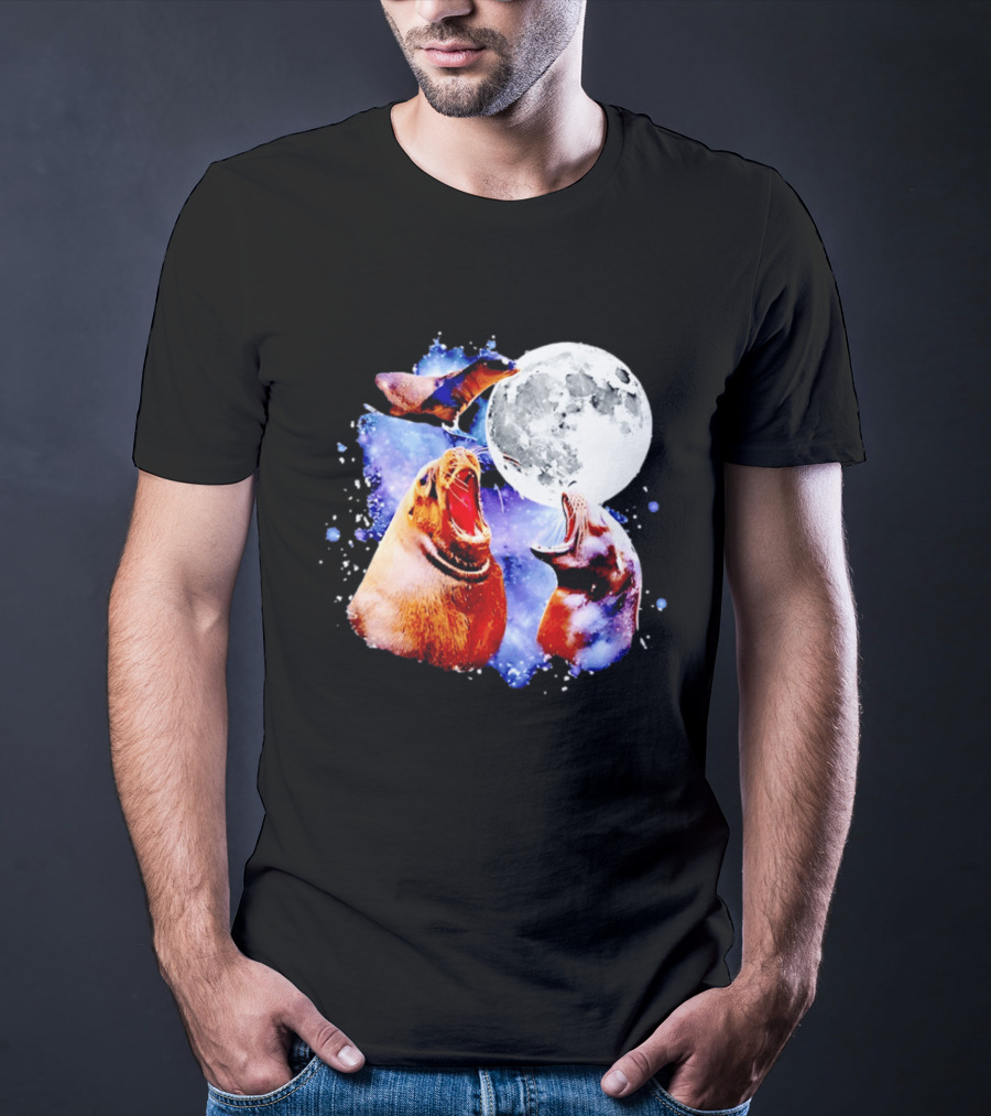 Sea Lion Trio Howling At The Moon In Outer Space Scene T-Shirt