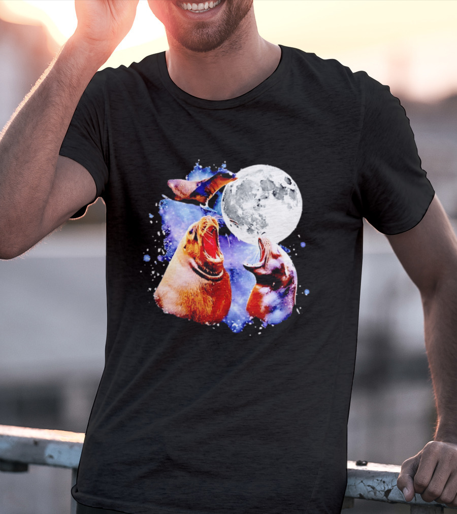 Sea Lion Trio Howling At The Moon In Outer Space Scene T-Shirt