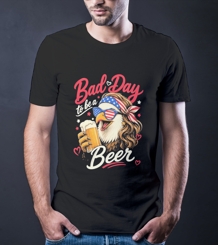 Bad Day To Be A Beer Patriotic Bald Eagle With American Flag Bandana And Heart Accents T-Shirt