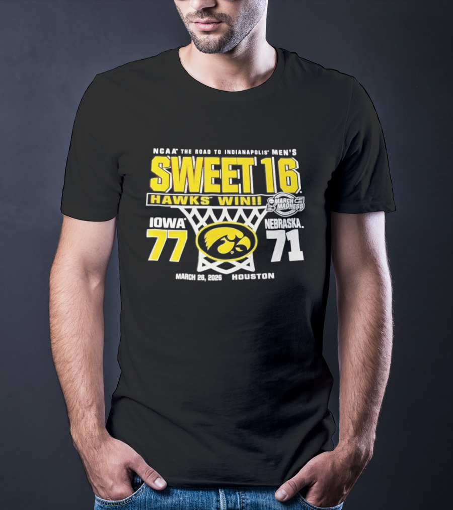 NCAA March Madness The Road To Indianapolis Men's Sweet 16 Hawks Win Iowa 77 Nebraska 71 March 25 1989 Houston T-Shirt