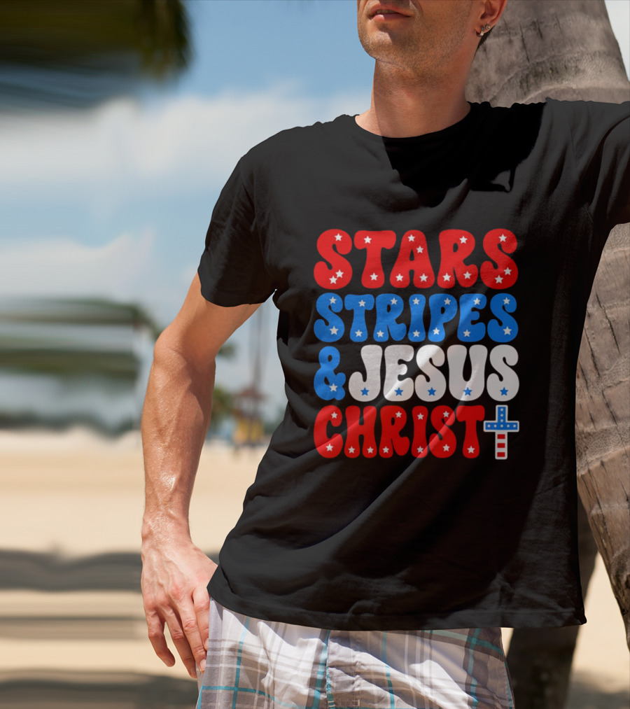 Patriotic Stars Stripes Jesus Christ Christian Faith Cross T-Shirt