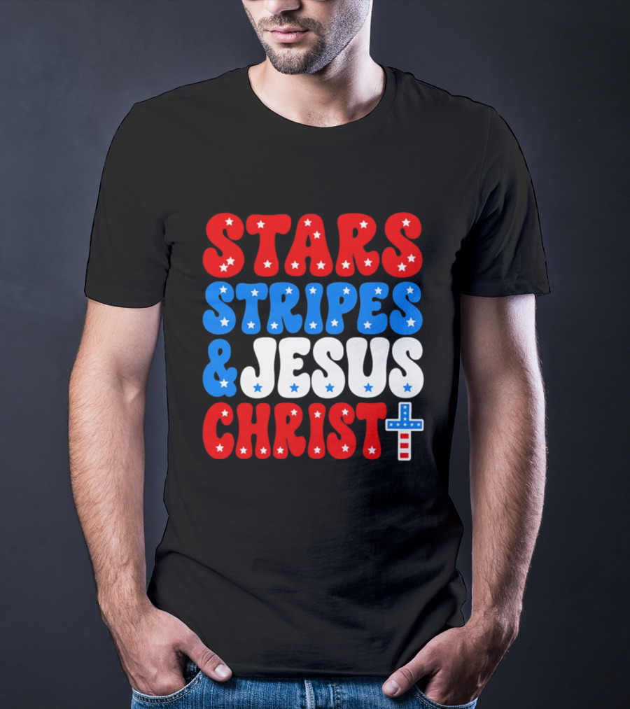 Patriotic Stars Stripes Jesus Christ Christian Faith Cross T-Shirt