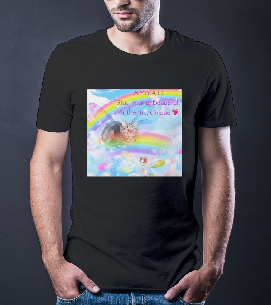 S.Y.B.A.U Stay Young Beautiful Authentic Unique Cat Rainbow Wings T-Shirt