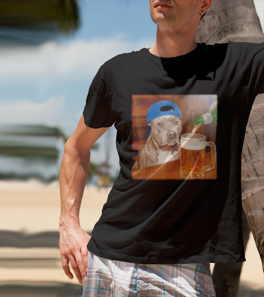 Pit Bull Drinking Beer Blue Cap Meme T-Shirt