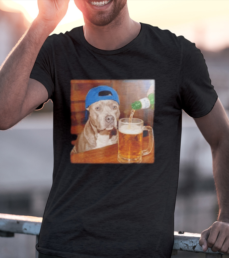 Pit Bull Drinking Beer Blue Cap Meme T-Shirt