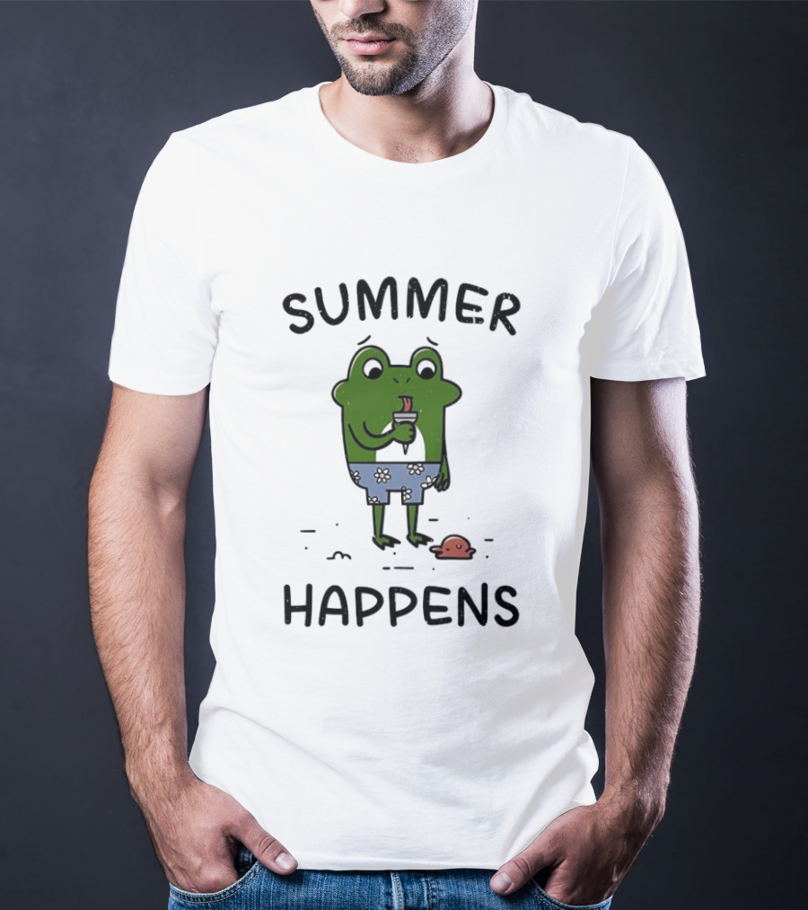 Frog Enjoying Ice Cream Summer Happens Fun Scene T-Shirt