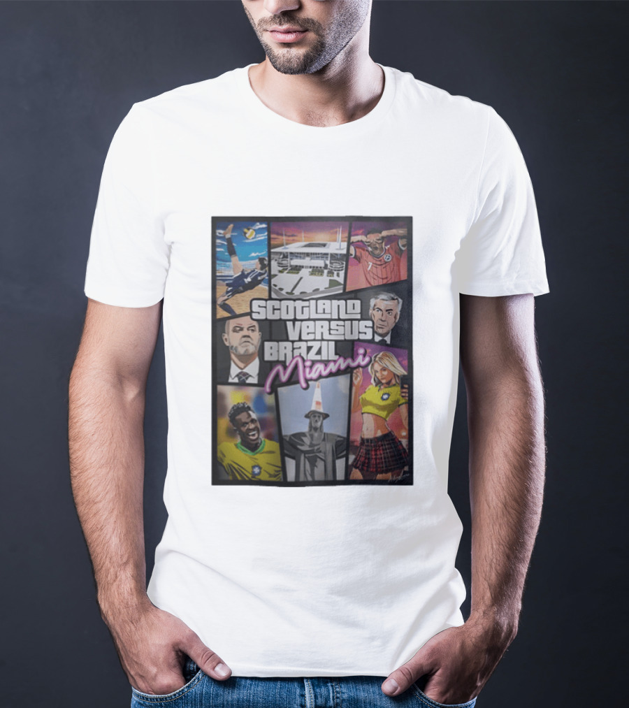 Scotland Versus Brazil Miami Comic Style Soccer Matchup T-Shirt