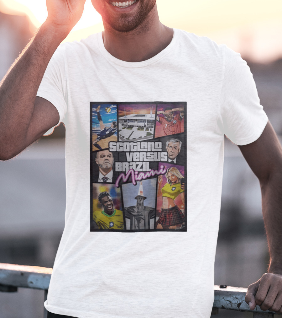 Scotland Versus Brazil Miami Comic Style Soccer Matchup T-Shirt