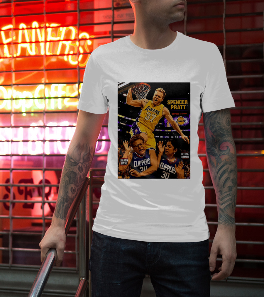 Los Angeles Lakers Spencer Pratt Dunks Staples Center Clippers Karen Bass Nithya Raman T-Shirt