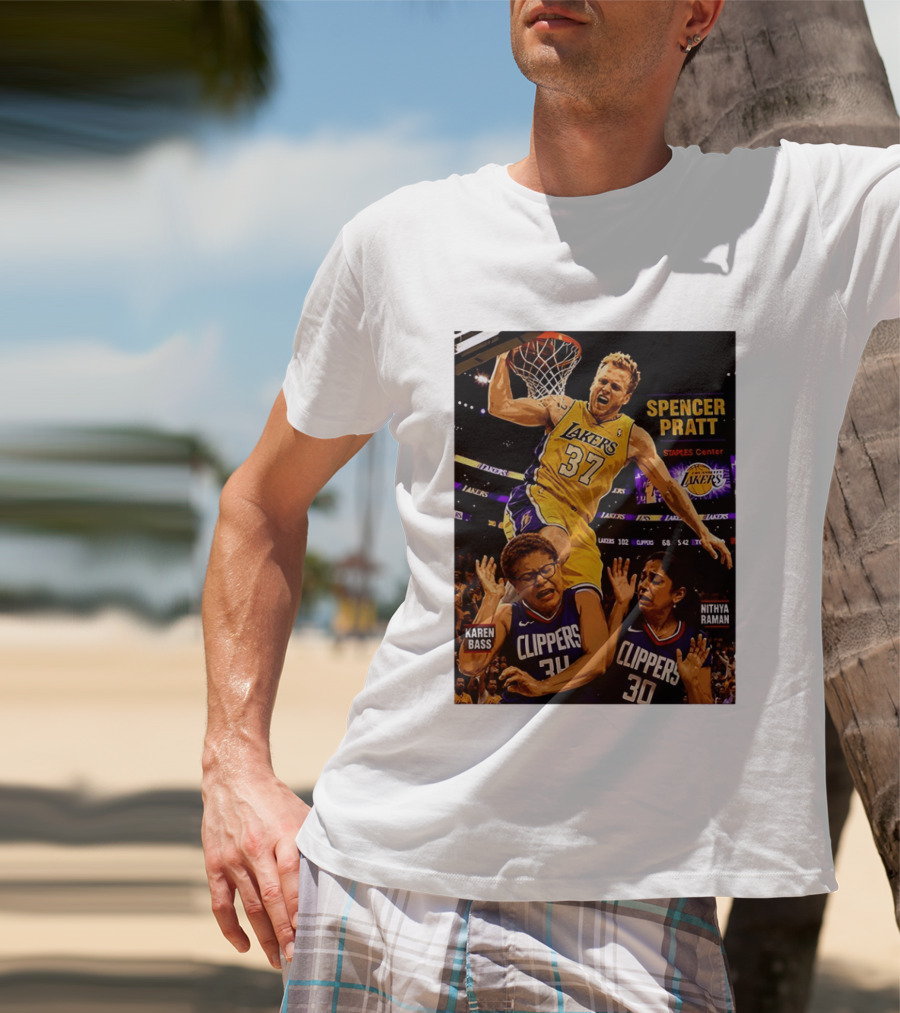 Los Angeles Lakers Spencer Pratt Dunks Staples Center Clippers Karen Bass Nithya Raman T-Shirt