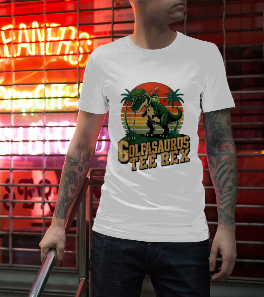 Golfasaurus Rex Rex Dinosaur Playing Golf Sunset Palm Trees T-Shirt