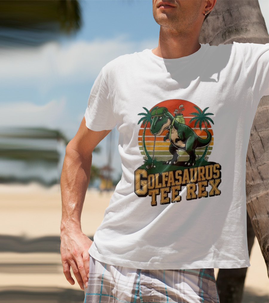 Golfasaurus Rex Rex Dinosaur Playing Golf Sunset Palm Trees T-Shirt