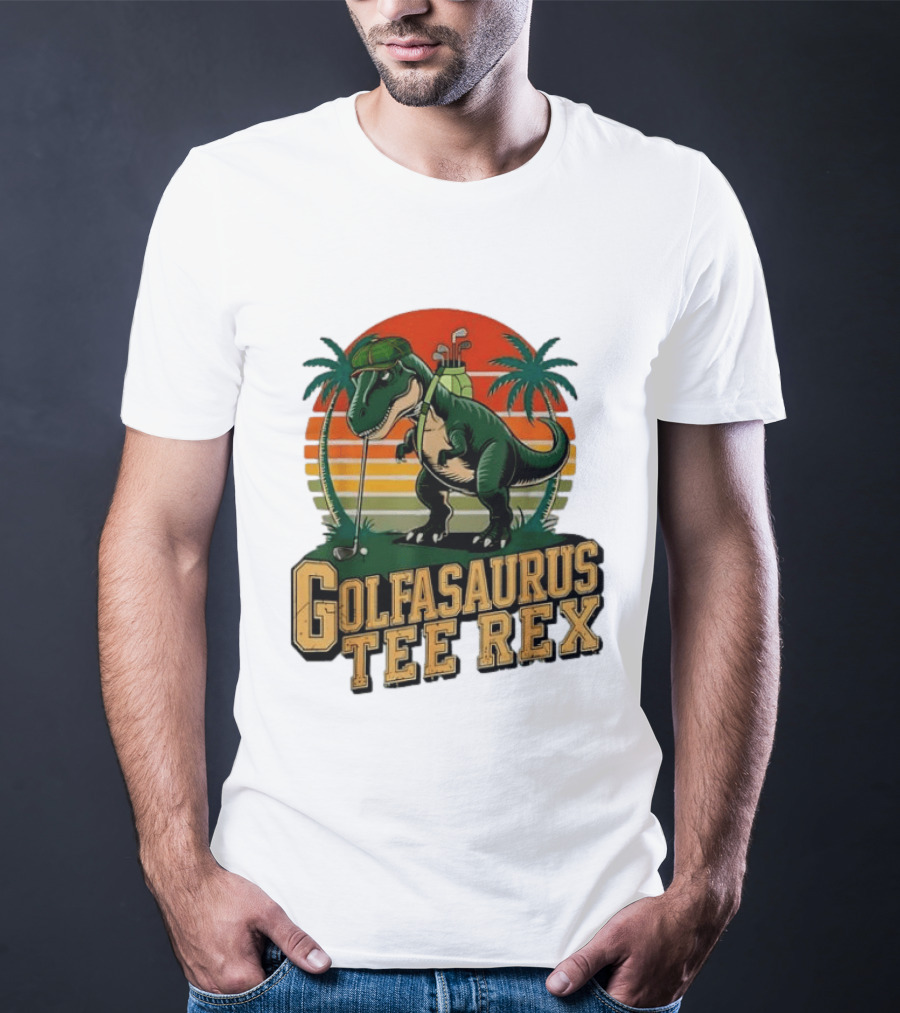 Golfasaurus Rex Rex Dinosaur Playing Golf Sunset Palm Trees T-Shirt