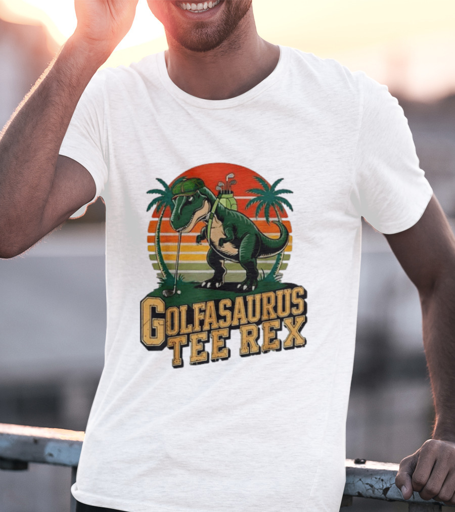 Golfasaurus Rex Rex Dinosaur Playing Golf Sunset Palm Trees T-Shirt