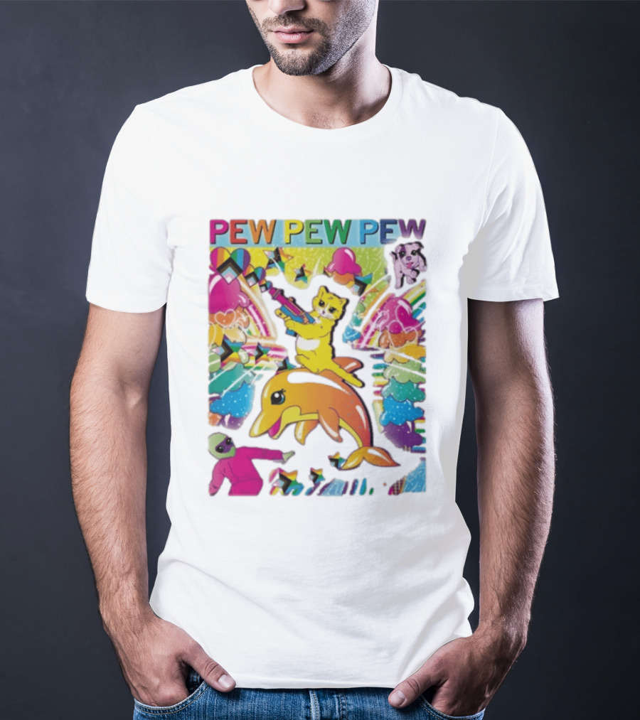 Pew Pew Pew Colorful Cat Dolphin Alien Rainbow T-Shirt