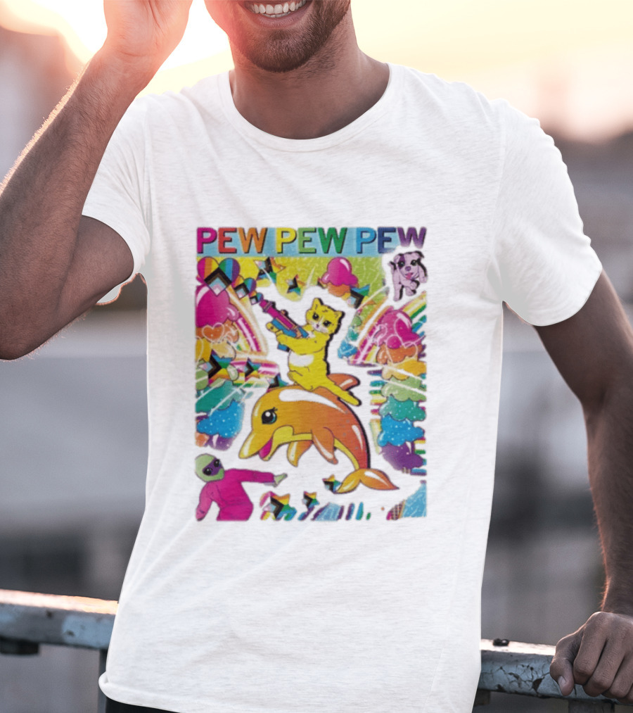 Pew Pew Pew Colorful Cat Dolphin Alien Rainbow T-Shirt