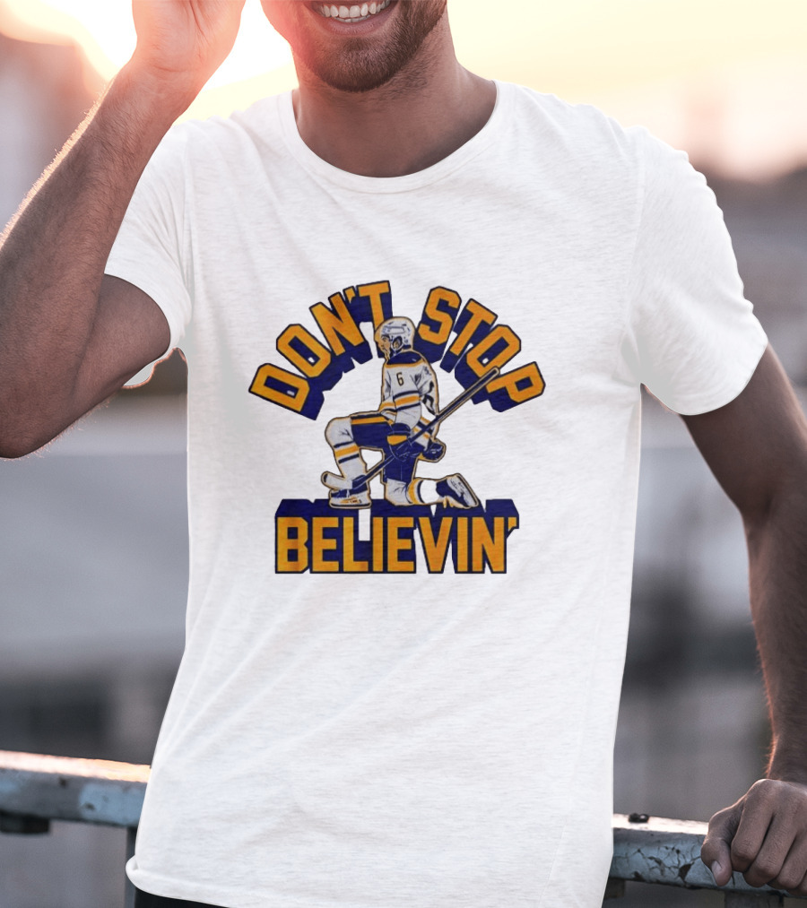 Don't Stop Believin' Hockey Player Number 6 Kneeling Pose T-Shirt