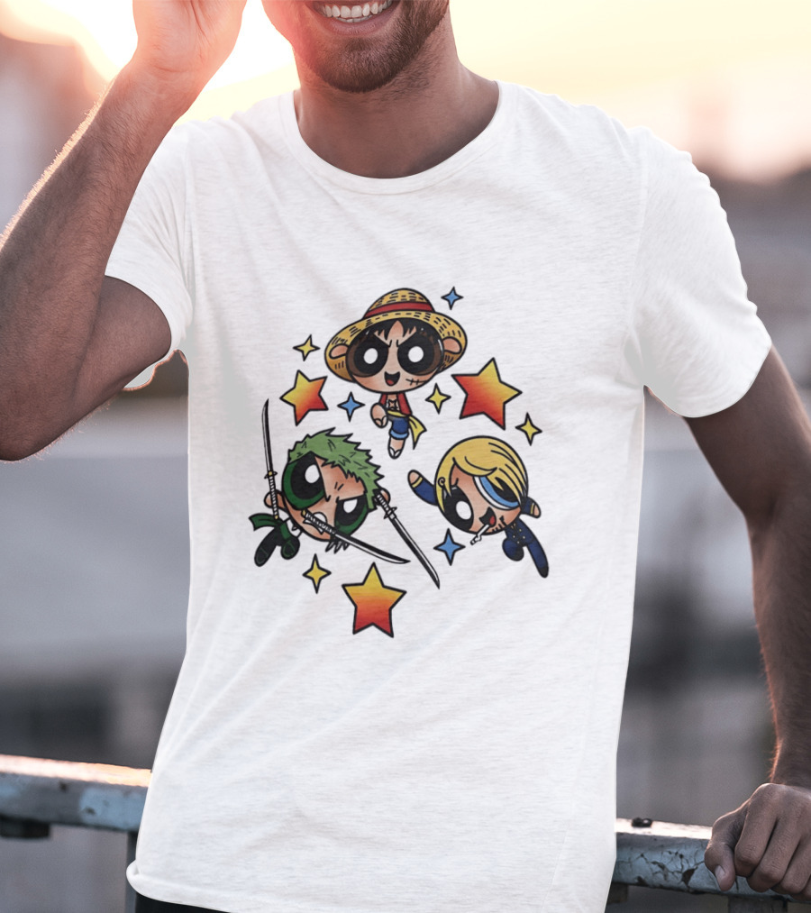Luffy Zoro Sanji Fusion One Piece Powerpuff Girls Crossover Cute Anime Stars T-Shirt