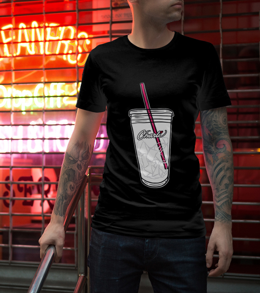 Charli Iced Coffee Cup Pink Straw Sketch T-Shirt