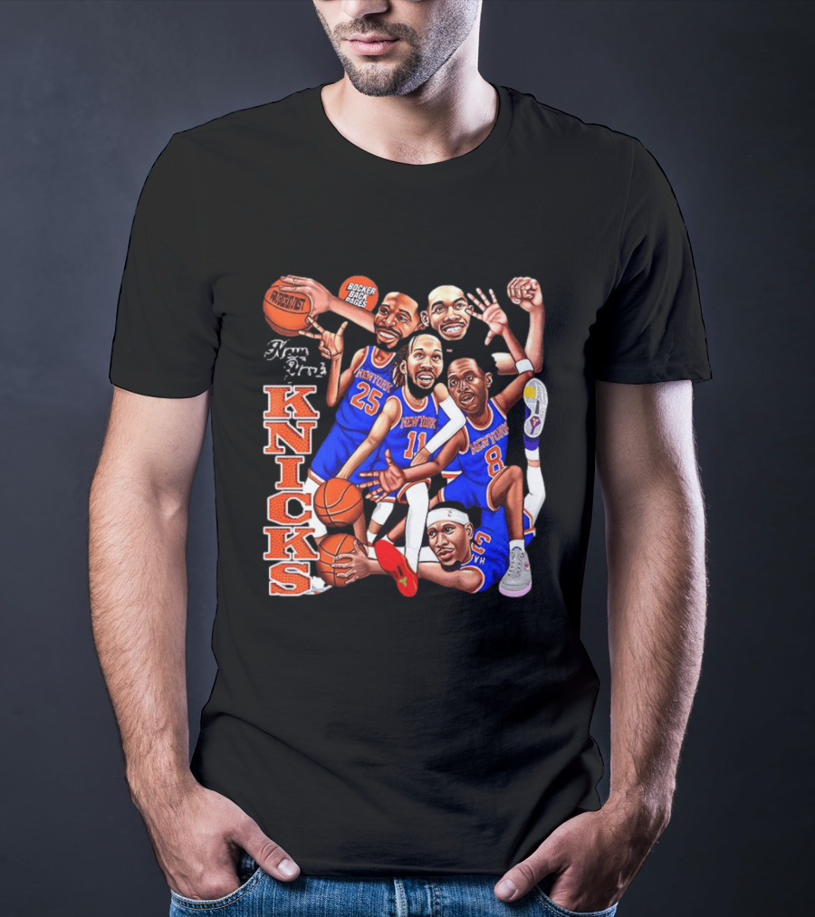 New York Knicks Starting Five 2026 Caricature Dunk Basketball Hoops T-Shirt