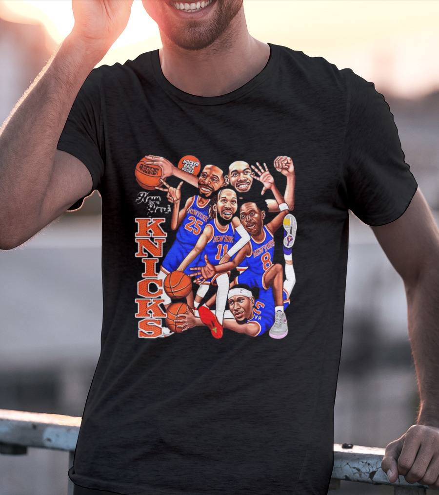 New York Knicks Starting Five 2026 Caricature Dunk Basketball Hoops T-Shirt