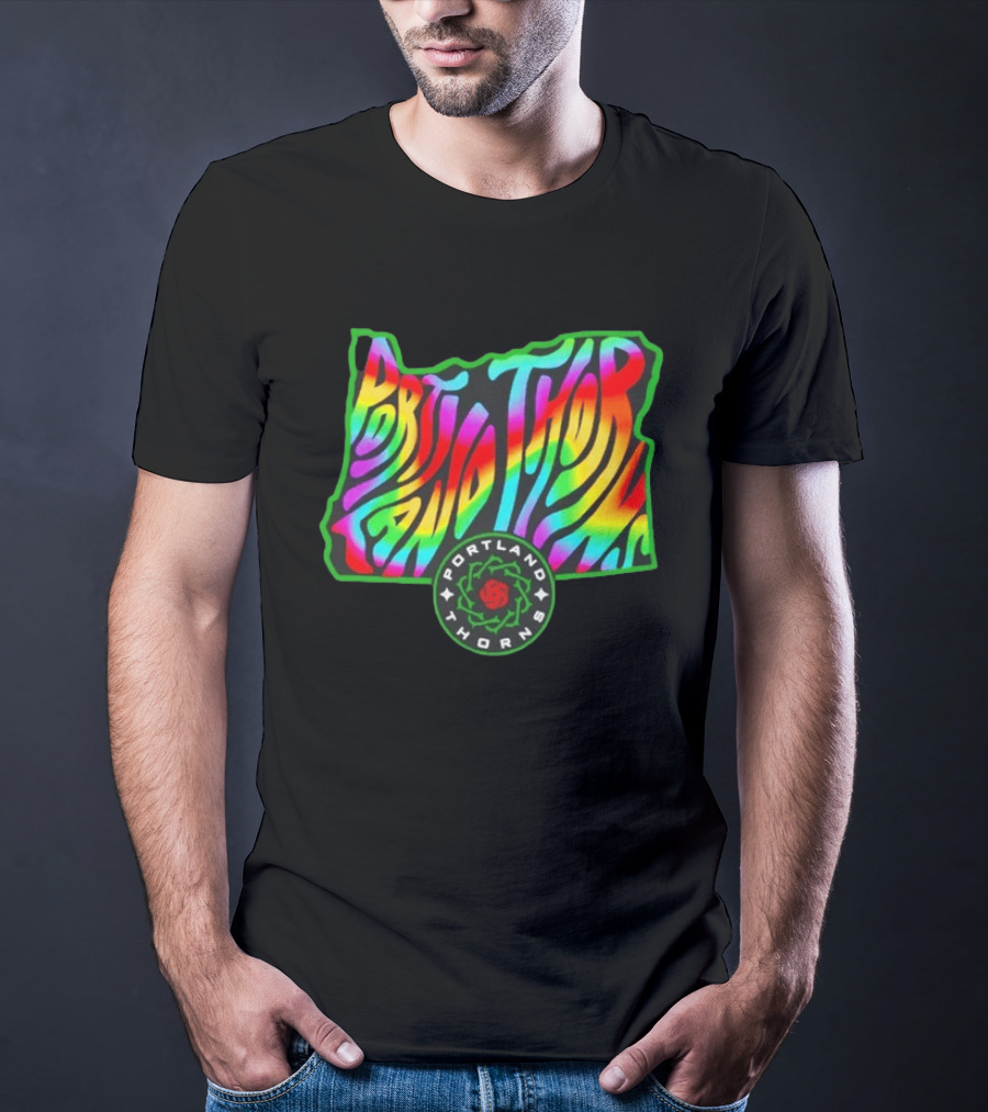Portland Thorns Groovy Pride State Oregon Map Rainbow T-Shirt