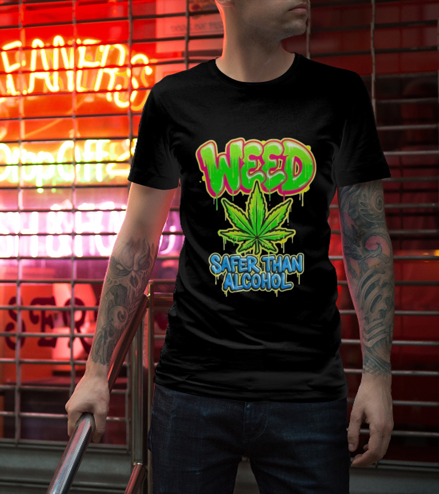 Weed Safer Than Alcohol Leaf Bright Graffiti T-Shirt