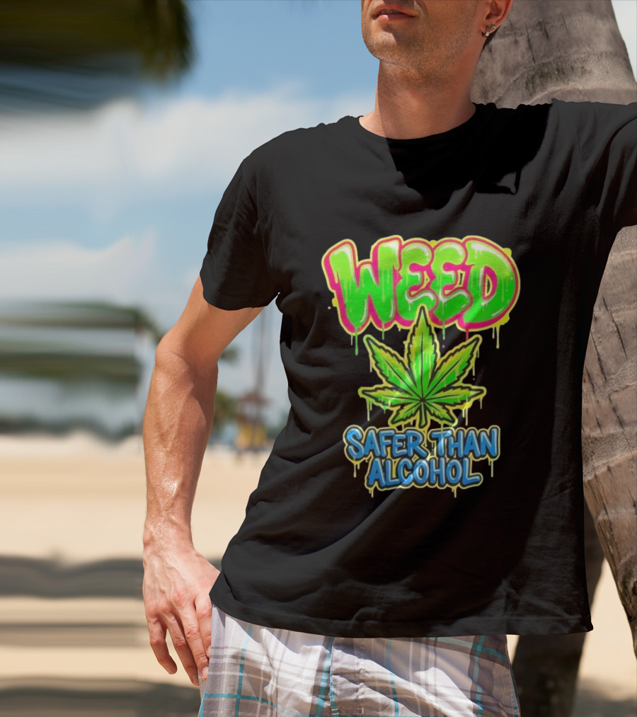 Weed Safer Than Alcohol Leaf Bright Graffiti T-Shirt