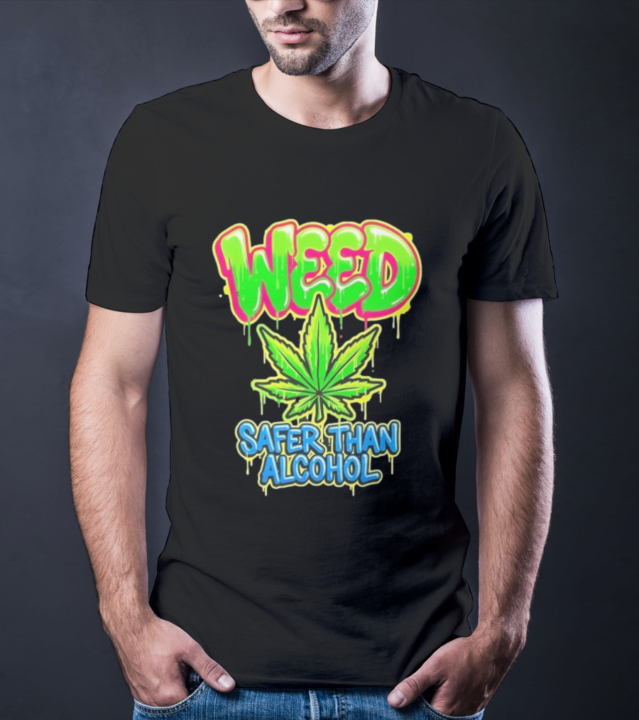 Weed Safer Than Alcohol Leaf Bright Graffiti T-Shirt