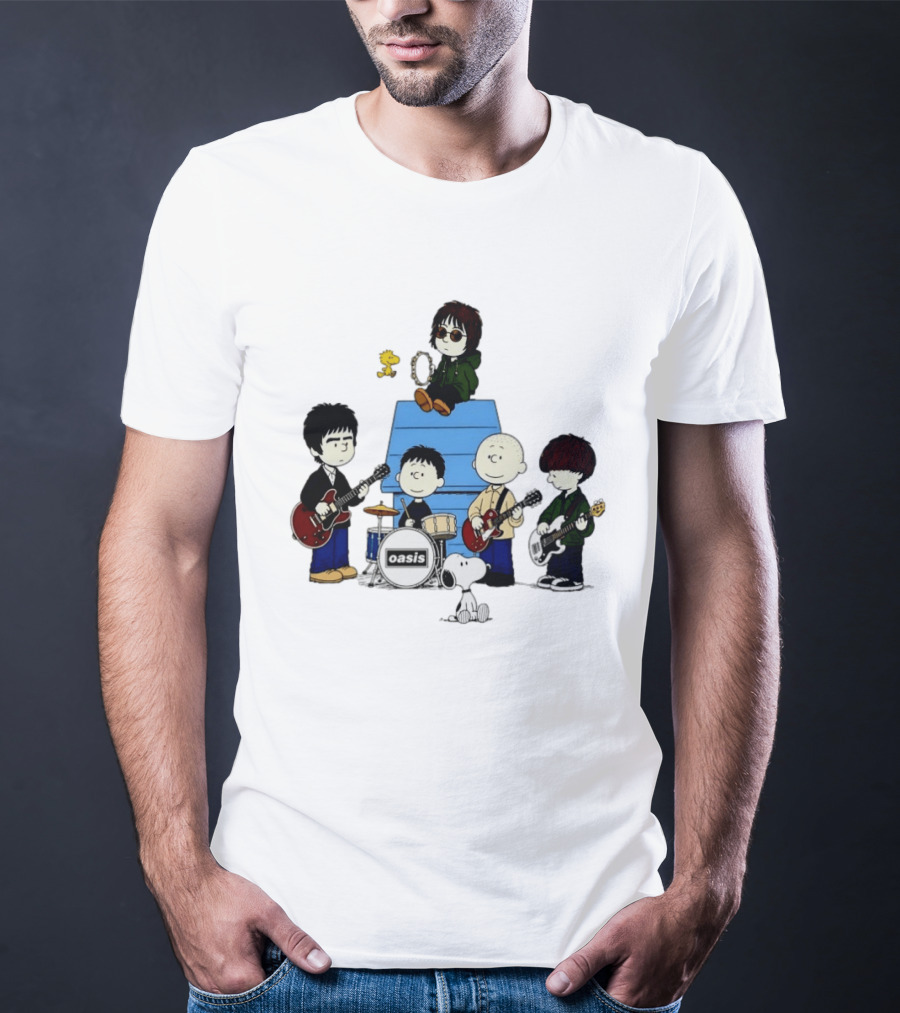 Snoopy Peanuts Oasis Band Cartoon Woodstock Drums Guitars T-Shirt