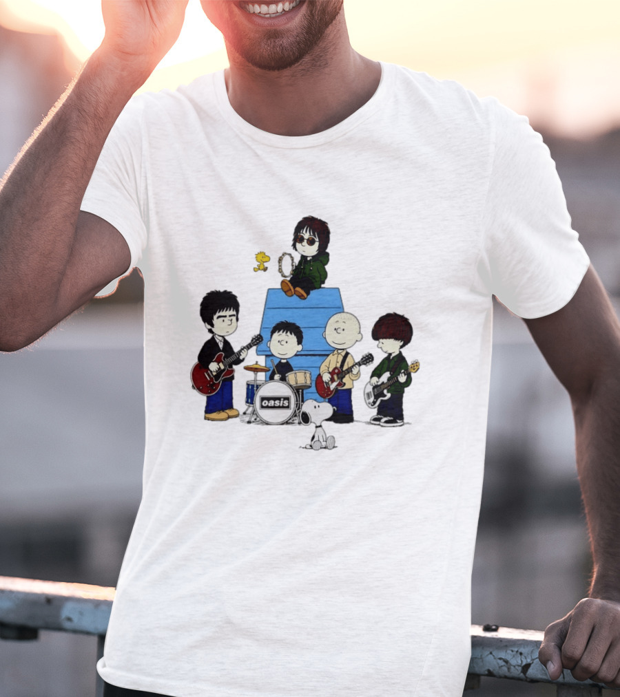 Snoopy Peanuts Oasis Band Cartoon Woodstock Drums Guitars T-Shirt