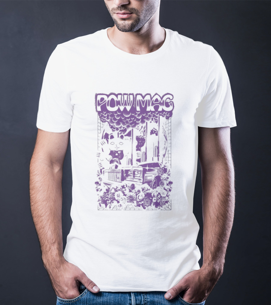 Powell Mag Cat Skateboarding Graphic With Floral Accents T-Shirt