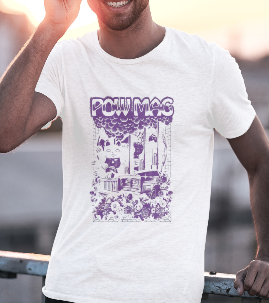 Powell Mag Cat Skateboarding Graphic With Floral Accents T-Shirt
