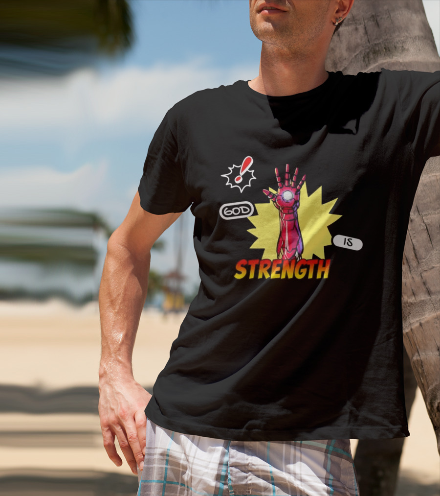 Iron Man God Is Strength Exclamation Comic Style Burst T-Shirt