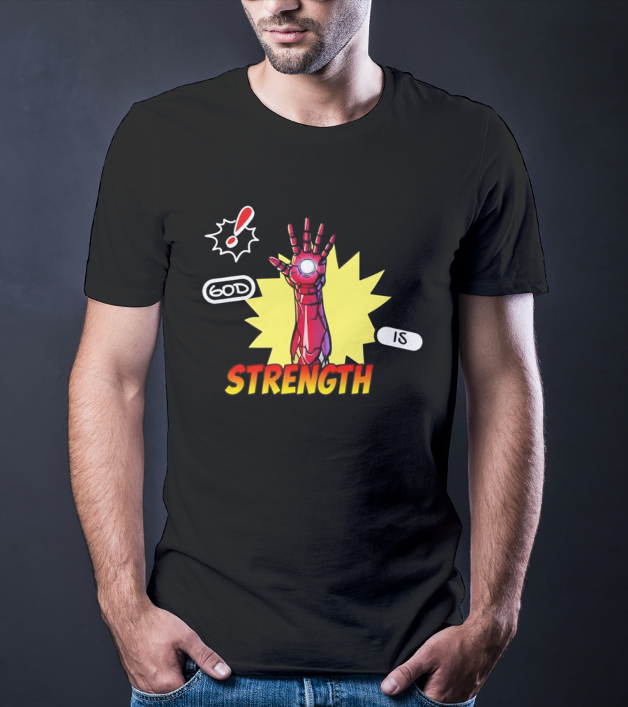 Iron Man God Is Strength Exclamation Comic Style Burst T-Shirt