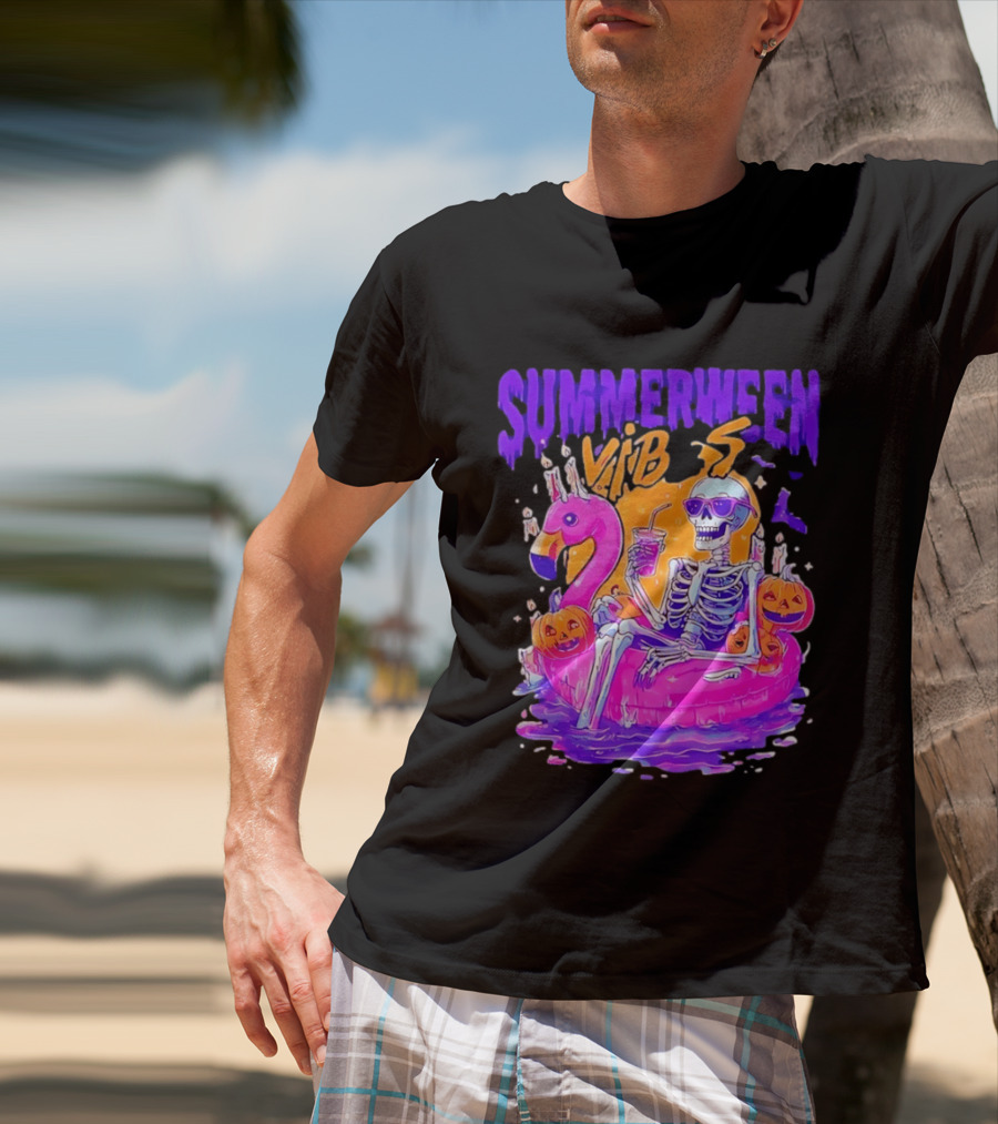 Summerween Vibes Skeleton On Flamingo With Pumpkins T-Shirt