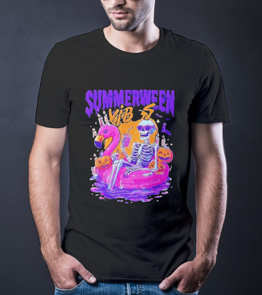 Summerween Vibes Skeleton On Flamingo With Pumpkins T-Shirt